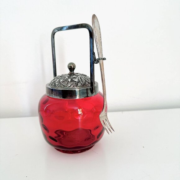 INVERTED CRANBERRY COIN DOT GLASS BISCUIT JAR WITH HANDLE AND FORK - Picture 4 of 9